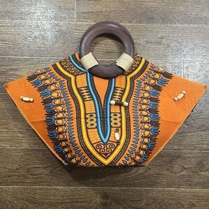 African Dashiki Purse Handbag Boho Retro Hippie Wooden Handles Bag Festival